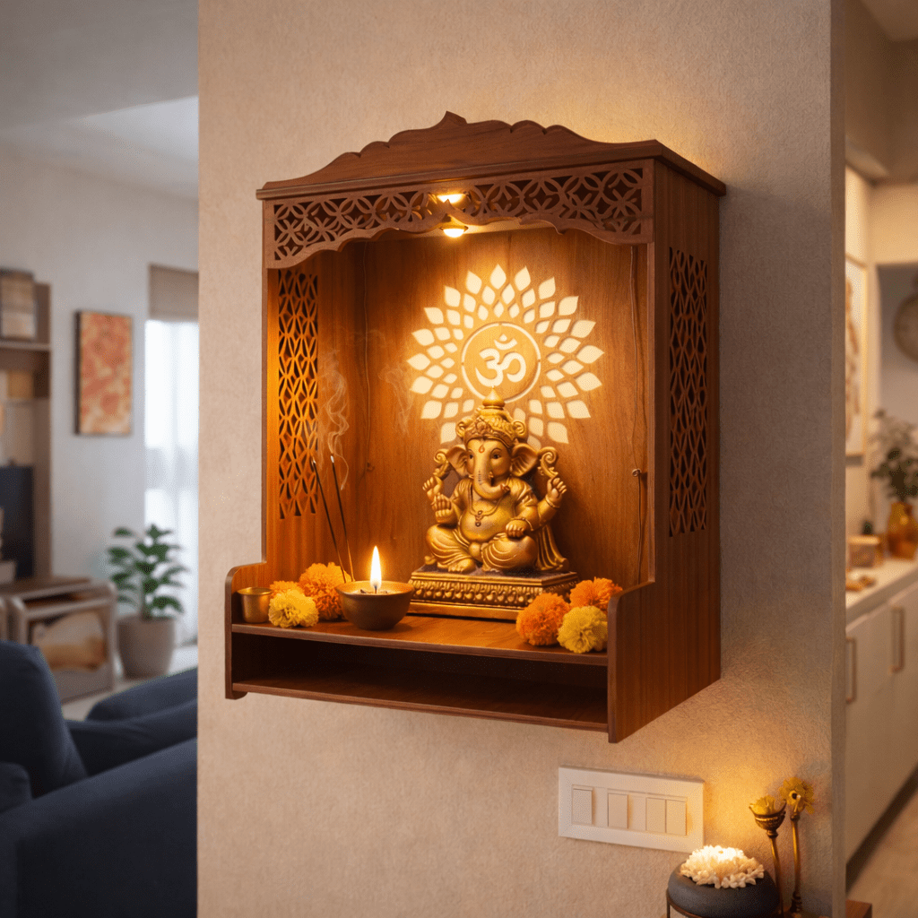 Rivyaa LED Wooden Om Pooja Mandir - Rivyaa