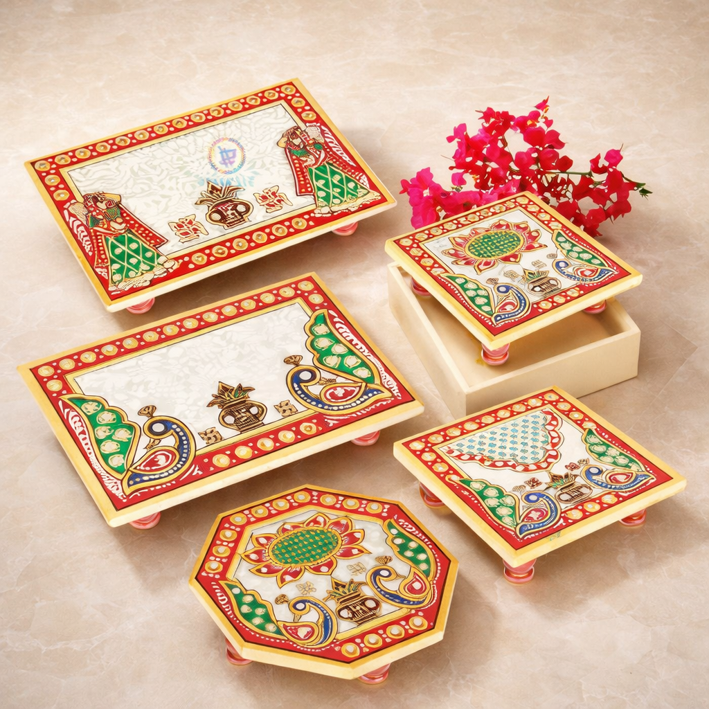 Marble Pooja Chowki Set with Inlay - Rivyaa