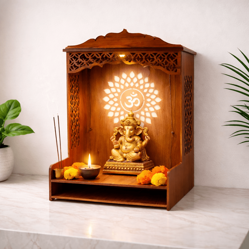 Rivyaa LED Wooden Om Pooja Mandir - Rivyaa